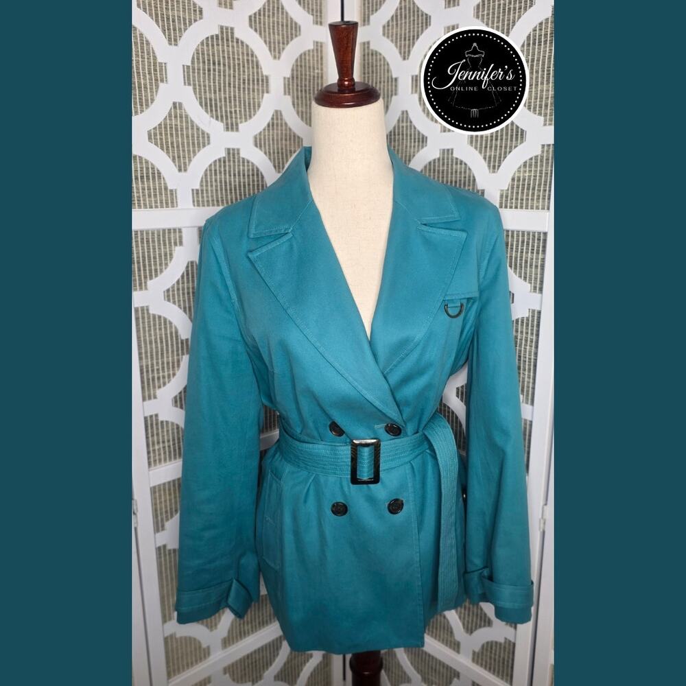 Petite Sophisticate Women's Teal Double Breasted Belted Trench Coat Size Large